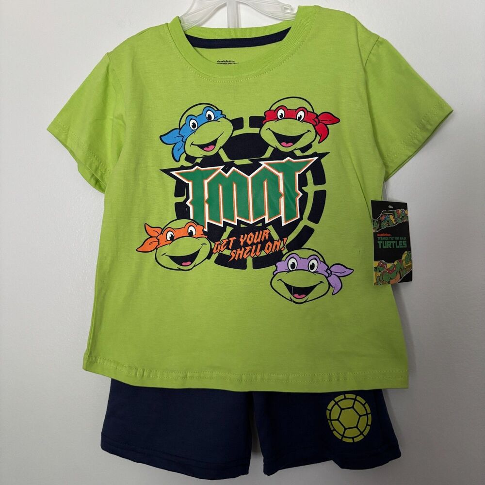 NWT Boys 4T TMNT 2 Pc Shorts Outfit Ninja Turtles Green Navy Set Nickelodeon #17